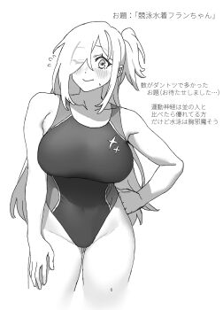 1girl absurdres breasts competition_swimsuit covered_navel fran_(plumeriafran) greyscale hair_over_one_eye hand_on_own_hip highres large_breasts long_hair looking_at_viewer monochrome one-piece_swimsuit one_eye_closed original plumeriafran smile solo swimsuit translation_request translucent_hair