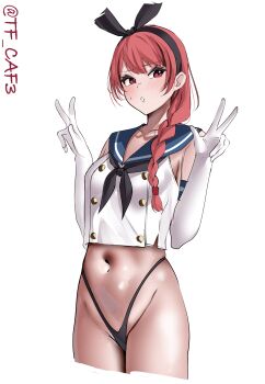 1girl absurdres animal_ear_hairband animal_ears black_hairband black_neckerchief black_panties blue_sailor_collar blush braid breasts collarbone cosplay cowboy_shot crop_top cropped_legs cropped_shirt double_w elbow_gloves fake_animal_ears gloves hair_between_eyes hair_over_shoulder hairband hashtag-only_commentary highleg highleg_panties highres kantai_collection long_hair medium_breasts navel neckerchief nevada_(kancolle) no_pants one-hour_drawing_challenge open_mouth panties rabbit_ear_hairband rabbit_ears red_eyes red_hair sailor_collar shimakaze_(kancolle) shimakaze_(kancolle)_(cosplay) shirt sidelocks simple_background single_braid skindentation sleeveless sleeveless_shirt solo standing stomach sweat tf_cafe twitter_username underwear w white_background white_gloves white_shirt