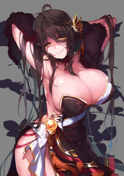 1girl ahoge ara_haan armpits arms_behind_head arms_up bare_back bare_shoulders breasts brown_hair cleavage curvy devi_(elsword) elsword female_focus hair_down hair_ornament highres huge_breasts kanola_u large_breasts long_hair looking_at_viewer parted_lips shine smile solo wide_hips yellow_eyes