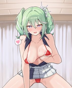 1girl absurdres arm_at_side blush bra breasts bright_pupils choppy_bangs clothes_lift collared_shirt commentary cowboy_shot grabbing_own_breast green_hair grey_shirt hair_between_eyes hair_spread_out hand_up heart heart-shaped_pupils highres indoors korean_commentary large_breasts maksagwa medium_hair micro_bra miniskirt multicolored_hair open_clothes open_mouth open_shirt panties pleated_skirt purple_eyes red_bra red_panties shirt skirt skirt_lift sleeveless sleeveless_shirt solo speech_bubble spoken_heart stellive streaked_hair string_bra sweat symbol-shaped_pupils twintails underwear virtual_youtuber white_pupils white_skirt yuzuha_riko