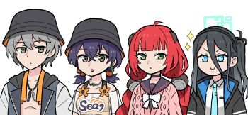 1boy 3girls aqua_halo aris_(blue_archive) belle_(summer_skies)_(zenless_zone_zero) belle_(zenless_zone_zero) bikini bikini_top_under_shirt bikini_under_clothes black_choker black_hair black_hat black_sailor_collar blue_archive blue_eyes blue_necktie bow brother_and_sister bucket_hat cardigan choker commentary_request crossed_bangs crossover fish_hat green_eyes hair_between_eyes hair_ornament hairband halo hat highres jacket lineup long_hair long_hair_between_eyes long_sleeves looking_to_the_side low_twintails medium_hair multiple_girls name_connection necktie odd_one_out off-shoulder_shirt off_shoulder official_alternate_costume official_alternate_hairstyle one_side_up open_clothes open_jacket orange_bikini pink_cardigan rectangular_halo red_hair sailor_collar school_uniform see-through_clothes see-through_shirt shirt short_sleeves siblings sidelocks simple_background smile sphere_hair_ornament swimsuit tanaka_minami_(voice_actor) twintails ukinami_yuzuha voice_actor_connection washin white_background white_bow white_shirt wise_(peaceful_waves)_(zenless_zone_zero) wise_(zenless_zone_zero) zenless_zone_zero