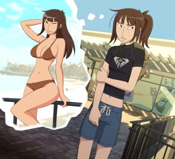 Rule 34 | 1girl, bikini, black eyes, boonie hat, breasts, brown bikini, brown hair, commentary, english commentary, freckles, highres, hitsuji (hitsujigoods), imagining, kara eklund, neet girl date night, one eye closed, ponytail, short hair, solo, swimsuit