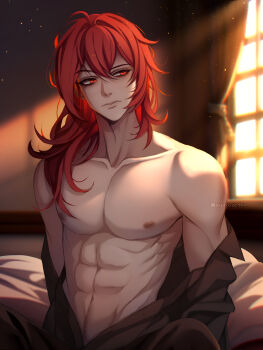 Rule 34 | 1boy, absurdres, closed mouth, diluc (genshin impact), genshin impact, hair between eyes, highres, long hair, male focus, muscular, muscular male, nipples, red eyes, red hair, sauto-0chka, self-upload, solo focus, stomach, topless male, torso