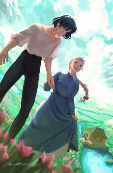 1boy 1girl artist_name black_hair blue_dress braid braided_ponytail child cloud commentary dog dress dutch_angle earrings english_commentary field grey_hair heen holding_hands howl_no_ugoku_shiro howl_pendragon jewelry long_sleeves looking_at_another markl outdoors ring rosiethorns88 shirt shirt_tucked_in smile sophie_hatter_(howl_no_ugoku_shiro) white_shirt witch_of_the_waste