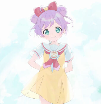 1girl ahoge arms_behind_back bow collared_shirt commentary_request cowboy_shot double_bun dress green_eyes hair_bow hair_bun highres looking_at_viewer machico_maki manaka_laala manaka_laala_(normal) neckerchief paprika_private_academy_school_uniform pink_bow pink_neckerchief pretty_series pripara purple_hair sailor_collar school_uniform shirt short_dress short_hair short_sleeves smile solo standing white_sailor_collar white_shirt yellow_dress