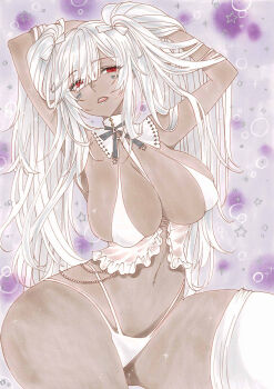 1girl alabama_(azur_lane) alabama_(through_your_lens_my_everything)_(azur_lane) azur_lane beads bikini breasts commentary_request dark-skinned_female dark_skin highres large_breasts long_hair marker_(medium) multi-strapped_bikini_bottom navel official_alternate_costume open_mouth pantyhose ribbon sitting solo star_(symbol) swimsuit thighs traditional_media uzuharu_(uduharu) very_long_hair white_hair white_pantyhose white_ribbon