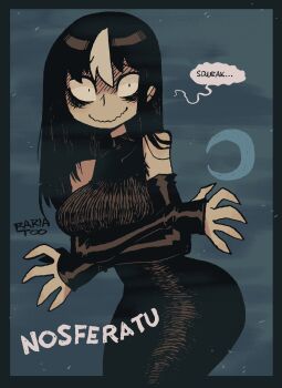 1girl bags_under_eyes bare_shoulders black_dress black_hair breasts closed_mouth dress elbow_gloves english_text glasgow_smile gloves highres jaggy_lines large_breasts long_dress long_fingers long_hair long_sleeves looking_at_viewer multicolored_hair nosferatu_eine_symphonie_des_grauens noss_&amp;_zakuro noss_(rariatto) parody rariatto_(ganguri) ribbed_dress smile solo speech_bubble standing streaked_hair vampire very_big_eyes wavy_mouth white_hair