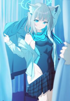 1girl absurdres animal_ear_fluff animal_ears bare_shoulders blue_archive blue_eyes blue_halo blue_scarf blush chair checkered_clothes checkered_skirt competition_swimsuit covered_navel curtains dusk_ming hair_between_eyes hair_ornament halo heterochromia highres looking_at_viewer official_alternate_costume one-piece_swimsuit open_mouth scarf shiroko_(blue_archive) shiroko_(swimsuit)_(blue_archive) shirt skirt solo swimsuit thighs undressing white_shirt window_blinds wolf_ears wolf_girl