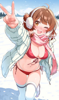 1girl ahoge bikini blue_sky blush breasts breath brown_eyes brown_hair check_commentary checkered_clothes checkered_scarf chiyosuke_(nosuke21) coat commentary_request day earmuffs front-tie_bikini_top front-tie_top gakuen_idolmaster hair_bun hanami_ume hand_up highres idolmaster large_breasts leg_up long_sleeves looking_at_viewer medium_hair mountain navel one_eye_closed open_clothes open_coat open_mouth outdoors pink_scarf red_bikini scarf shoes side-tie_bikini_bottom sidelocks single_side_bun sky smile snow snowing solo swimsuit thighhighs thighs tree twitter_username v white_coat white_shoes white_thighhighs