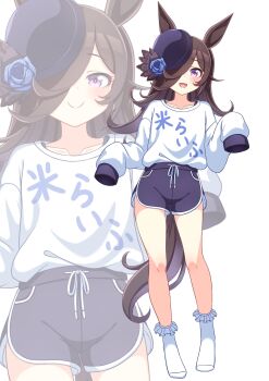 1girl animal_ears blue_flower blue_rose blue_shorts blush bra_strap brown_hair closed_mouth collarbone commentary_request flipped_hair flower hair_over_one_eye hat hat_flower highres hokuyukis horse_ears horse_girl horse_tail long_hair long_sleeves looking_at_viewer open_mouth purple_eyes rice_shower_(umamusume) rose shorts simple_background sleeves_past_fingers sleeves_past_wrists smile socks sweater tail tilted_headwear umamusume white_background white_socks white_sweater zoom_layer