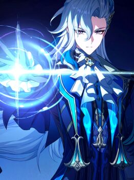 Rule 34 | 1boy, ascot, bishounen, blue eyes, blue hair, blue theme, cancancancan, chinese commentary, closed mouth, commentary request, formal clothes, genshin impact, gloves, hair between eyes, hair ornament, highres, long hair, long sleeves, looking at viewer, male focus, neuvillette (genshin impact), purple eyes, solo, white ascot, white hair