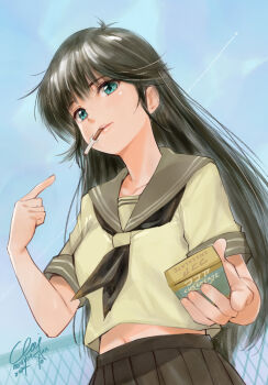 1girl absurdres ayukawa_madoka black_hair blue_eyes blue_sky breasts brown_sailor_collar brown_skirt commentary_request day food food_in_mouth green_shirt highres holding holding_food holding_pocky kimagure_orange_road long_hair looking_at_viewer menyoujan midriff_peek navel outdoors pocky pocky_in_mouth pointing pointing_at_self retro_artstyle revision sailor_collar school_uniform serafuku shirt short_sleeves skirt sky solo summer_uniform upper_body