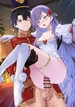 1boy 1girl black_gloves black_hair blue_eyes bottomless box breasts carrying censored christmas clothed_sex coffeekite dress epaulettes fate/grand_order fate_(series) fujimaru_ritsuka_(male) gift gift_box gloves hetero highres jewelry long_hair meltryllis_(fate) necklace nipples one_eye_closed open_mouth pants pearl_necklace penis princess_carry purple_hair pussy red_pants red_vest sex short_hair small_breasts smile testicles vaginal very_long_hair vest white_dress