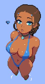 1girl absurdres avatar:_the_last_airbender avatar_legends blowing_kiss blue_eyes blue_swimsuit breasts collar dark-skinned_female dark_skin female_focus highres katara large_breasts looking_at_viewer makeup one-piece_swimsuit pixel_art semi_nude slingshot_bikini slingshot_swimsuit solo spitfire_(artist) standing swimsuit water wplace