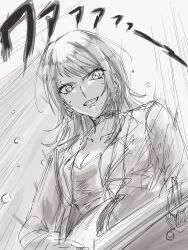 Rule 34 | 1girl, bang dream!, bang dream! it&#039;s mygo!!!!!, breasts, cleavage, collarbone, commentary request, greyscale, grin, highres, jacket, long hair, looking at viewer, monochrome, nagomu 7 56, open clothes, open jacket, playing guitar, shirt, smile, solo, sweat, translation request, upper body, yahata umiri