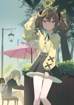 2girls :&lt; absurdres black_jacket black_ribbon black_skirt blue_archive blush bow braid brown_hair closed_mouth collared_shirt commentary green_hair green_halo hair_between_eyes hair_bow halo highres jacket lizard0221 long_hair looking_at_another looking_up miyo_(blue_archive) multicolored_hair multiple_girls playing_with_own_hair purple_eyes rena_(blue_archive) ribbon shirt sidelocks sitting skirt smile twintails two-tone_hair white_bow white_hair white_shirt white_skirt yellow_eyes yellow_halo yellow_jacket