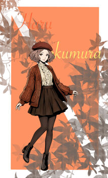 1girl absurdres autumn autumn_leaves beret black_boots boots brown_cardigan brown_eyes brown_hair brown_pantyhose brown_skirt cardigan character_name cinzia cinzia270 commentary_request curly_hair frilled_shirt frills hat high_heel_boots high_heels highres leaf looking_at_viewer okumura_haru pantyhose persona persona_5 pink_lips shirt shirt_tucked_in short_hair skirt smile solo standing standing_on_one_leg yellow_shirt