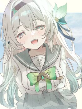 absurdres arms_behind_back blue_ribbon blush bow brown_hairband chicanaction firefly_(honkai:_star_rail) firefly_(spring_missive)_(honkai:_star_rail) gradient_bow gradient_hair green_bow green_pupils grey_hair grey_sailor_collar grey_skirt hair_between_eyes hair_intakes hair_ornament hairband highres honkai:_star_rail honkai_(series) multicolored_eyes multicolored_hair open_mouth pleated_skirt ribbon sailor_collar skirt smile teeth upper_teeth_only