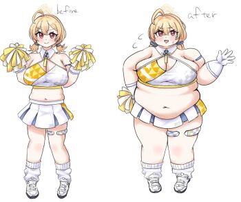 1girl ahoge before_and_after belly blonde_hair blue_archive blush breasts cheerleader cleavage crop_top detached_collar fat fat_woman gloves hair_ornament halo kotori_(blue_archive) kotori_(cheer_squad)_(blue_archive) large_breasts loose_socks low_twintails medium_hair midriff millennium_cheerleader_outfit_(blue_archive) muffin_top navel obese plump pom_pom_(cheerleading) red_eyes shoes short_hair skindentation skirt smile socks solo standing sweat thick_thighs thigh_strap thighs twintails wakuwaku_corporation waving weight_gain white_background white_gloves white_shoes white_skirt white_socks