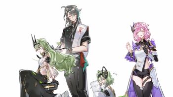 1boy 3girls ahoge black_dress black_gloves black_pants black_shrug black_tiara breasts cleavage coat commentary_request corset dress elf elysia_(honkai_impact) elysia_(miss_pink_elf)_(honkai_impact) gloves green_hair grey_hair highres honkai_(series) honkai_impact_3rd klein_(honkai_impact) lab_coat long_hair mobius_(honkai_impact) multiple_girls pants pink_hair pointy_ears procreate_(medium) seawave02974 shrug_(clothing) single_glove small_breasts su_(honkai_impact) tiara two-tone_shirt very_long_hair white_coat white_corset