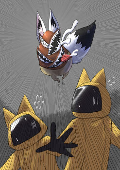 3others absurdres animal_ears backrooms_(creepypasta) black_gloves chasing commentary_request emphasis_lines extra_mouth facing_viewer fleeing fox_ears fox_tail gloves grey_background hazmat_suit highres hololive monster multiple_others nanakusa_ayame oruyanke_(shirakami_fubuki) personification running saliva saliva_trail scared simple_background sukonbu_(shirakami_fubuki) sweatdrop tail tongue tongue_out virtual_youtuber