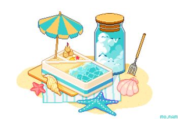 animated animated_gif artist_name beach beach_towel beach_umbrella bird bottle cloud flag mo.ram no_humans outdoors pixel_art planted rake sand sand_castle sand_sculpture seagull seashell shell starfish towel umbrella waves white_background wind