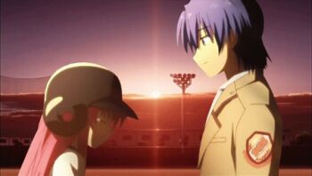 10s 1boy 1girl angel_beats! animated animated_gif baseball_helmet blue_hair helmet hinata_hideki lowres pink_hair school_uniform smile spoilers sunset tears third-party_edit vanishing yui_(angel_beats!)