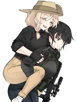 Rule 34 | 2girls, absurdres, ammunition pouch, bandaged foot, bandages, bandit-chan (k0ng), barefoot, belt, black belt, black gloves, black hair, black jacket, black pants, black shirt, blonde hair, breast press, breasts, brown scrunchie, bullpup, carrying, carrying person, chest rig, closed eyes, commentary, cropped jacket, dragunov svu, eyes visible through hair, fingerless gloves, gloves, gun, gun sling, hair between eyes, hair ornament, hair over one eye, hair over shoulder, hair scrunchie, hand on another's arm, hand on another's leg, hands on another's shoulders, highres, injury, jacket, k0ng, large breasts, leaning forward, long sleeves, medium breasts, medium hair, merc-san (k0ng), motion lines, multiple girls, open mouth, original, pants, parted lips, piggyback, pouch, red eyes, rifle, scope, scrunchie, shirt, simple background, sleeves rolled up, smile, sniper rifle, suppressor, sweat, sweatdrop, untranslatable commentary, teeth, upper teeth only, variant set, weapon, white background, yellow pants