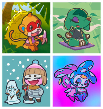 1boy 4girls animal_crossing back-to-back character_snowman chrissy_(animal_crossing) commentary_request eating elephant elephant_girl francine_(animal_crossing) genji_(animal_crossing) holding holding_bandana holding_shovel kopa_nishikida leaf meditation monkey monkey_boy multiple_girls nintendo opal_(animal_crossing) rabbit rabbit_girl shovel siblings simon_(animal_crossing) sisters snow snowman
