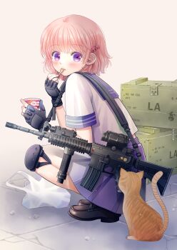 Rule 34 | 1girl, absurdres, ammunition box, assault rifle, bag, black shoes, blush, cat, commentary request, fingerless gloves, food, full body, gloves, gun, highres, ice cream, knee guards, loafers, nagasawa rin, orange cat, original, pink hair, purple eyes, rifle, sailor collar, school uniform, serafuku, shoes, short hair, solo, squatting, weapon, weapon request