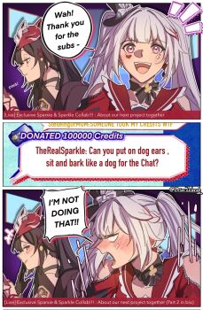 Rule 34 | 2girls, blush, brown hair, cesar zebrah, commentary, diamond (shape), diamond facial mark, donation (twitch), dual persona, english commentary, english text, facial mark, fox mask, hat, heart, heart facial mark, highres, honkai: star rail, honkai (series), livestream, looking at viewer, mask, mini hat, mini top hat, multicolored hair, multiple girls, smile, sparkle (honkai: star rail), sparxie (honkai: star rail), streaked hair, top hat, twintails, white hair, yuri