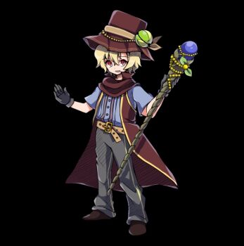 1boy belt black_background black_gloves blonde_hair blue_shirt brown_belt brown_hat brown_scarf brown_shoes coat full_body gloves grey_pants hat holding holding_staff lucas_(merc_storia) merc_storia merc_storia_art_team official_art open_mouth pants red_eyes scarf shirt shoes short_sleeves simple_background sleeveless sleeveless_coat smile solo staff standing tachi-e