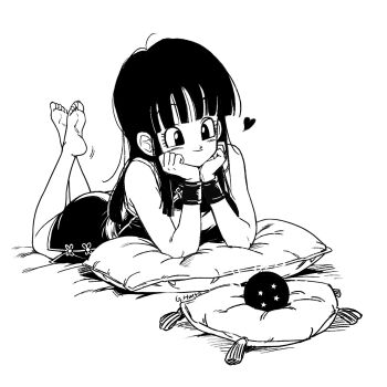 1girl artist_name barefoot bracelet chi-chi_(dragon_ball) china_dress chinese_clothes dragon_ball dragon_ball_(object) dress ghouse_01 hair_down head_on_hands heart highres jewelry light_smile long_hair lying monochrome on_stomach pillow simple_background soles solo tagme tassel the_pose toes white_background
