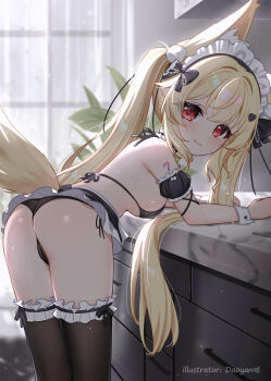 1girl absurdres animal_ear_fluff animal_ears artist_name ass bikini black_bikini black_skirt black_thighhighs blonde_hair breasts daoyan fox_ears fox_girl fox_tail from_behind highres indoors kitchen leaning_forward loli long_hair looking_at_viewer looking_back maid maid_headdress microskirt original red_eyes side-tie_bikini_bottom sideboob signature skirt small_breasts smile solo swimsuit tail thighhighs thighs thong_bikini twintails very_long_hair watermark wrist_cuffs