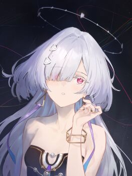 1girl absurdres bare_shoulders breasts colored_eyelashes commentary earrings hair_ornament hair_over_one_eye halo hand_up hashtag-only_commentary highres jewelry lamchun_(2006) long_hair medium_breasts mornye_(wuthering_waves) pink_eyes solo triangle_earrings upper_body wuthering_waves