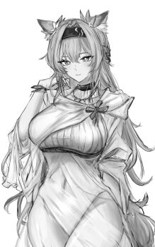 1girl absurdres animal_ear_fluff animal_ears arknights blush bracelet breasts bright_pupils casual_one-piece_swimsuit covered_navel cowboy_shot greyscale hairband highres horn_(arknights) horn_(to_effloresce_whitely)_(arknights) jewelry large_breasts long_hair looking_at_viewer monochrome necklace official_alternate_hairstyle one-piece_swimsuit parted_lips sakutein_oekaki see-through_clothes simple_background smile solo swimsuit tail very_long_hair white_background wolf_ears wolf_girl wolf_tail