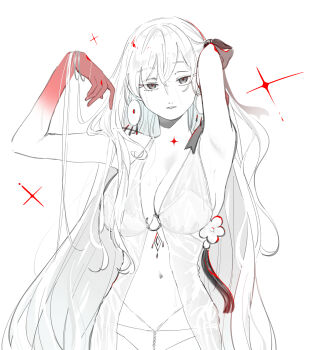 1girl arms_up bare_shoulders belly_chain breast_curtains breasts cleavage colored_skin commentary durga_(fate) durga_(first_ascension)_(fate) earrings fate/grand_order fate_(series) finanshe gradient_skin hair_ribbon highres indian indian_clothes jewelry large_breasts long_hair looking_at_viewer monochrome navel panties parted_lips partially_colored red_eyes red_skin revealing_clothes ribbon shadow solo stomach underwear very_long_hair white_background white_panties