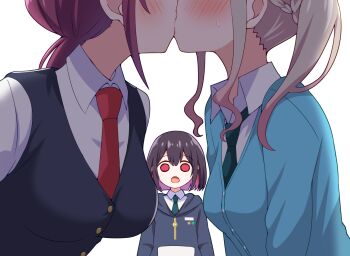 3girls bad_girl_(manga) black_hair black_sweater_vest blank_stare blonde_hair blue_cardigan blue_hoodie blush braid breasts cardigan collared_shirt colored_inner_hair commentary_request empty_eyes green_necktie hood hoodie kiss large_breasts long_hair low_ponytail ma_tsukasa medium_breasts mizutori_atori multicolored_hair multiple_girls necktie no_pupils open_mouth ponytail red_eyes red_hair red_necktie school_uniform shirt short_hair side_ponytail sidelocks simple_background suzukaze_suzu sweatdrop sweater_vest white_background white_shirt yuri yuutani_yuu