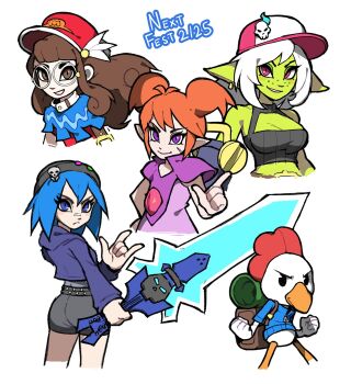 2025 4girls \m/ bandaid bandaid_on_face bandaid_on_nose beak beanie beebz_(demon_turf) bird blue_eyes blue_hair brown_eyes brown_hair chicken colored_skin commentary cornflowerblue demon_turf dress english_commentary female_goblin freckles geargrit genokids goblin green_skin grey_shorts haste:_broken_worlds hat highres holding holding_sword holding_weapon looking_at_viewer multiple_girls nugget_(paperklay) orange_hair paperklay parted_lips peaked_cap pointy_ears purple_dress purple_eyes red_eyes round_eyewear scar scar_on_face short_hair shorts simple_background smile sword tag_(genokids) tansy_(geargrit) weapon white_background white_hair zoe_(haste)