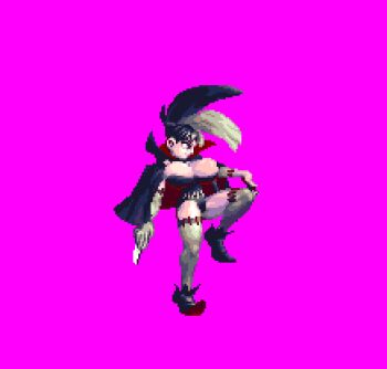 alternate_hair_length alternate_hairstyle animated animated_gif atlus black_hair blood bouncing_breasts breasts bustier cape cleavage elbow_gloves gloves high_collar huge_breasts knife leg_up lowres multicolored_hair necro_samantha pixel_art princess_crown short_hair stitches thighhighs thighs two-tone_hair vampire_costume vanillaware wrapped_up
