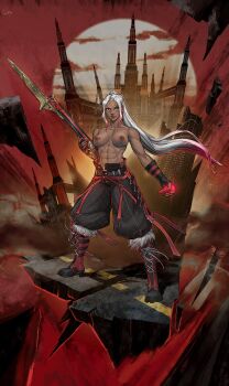 1girl abs absurdres baggy_shorts black_gloves black_shorts boots breasts building code_vein collarbone commentary commission crystal dark-skinned_female dark_skin english_commentary fangs female_protagonist_(code_vein) fingerless_gloves full_body gloves highres holding holding_crystal holding_polearm holding_weapon large_breasts long_hair multicolored_hair muscular muscular_female navel_piercing nipple_piercing nipples piercing pink_hair polearm ponytail scar scar_across_eye scar_on_face serious shorts sidelocks solo steadyknight topless_female two-tone_hair very_long_hair weapon white_hair