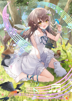 1girl :d animal animal_on_hand bare_shoulders barefoot beamed_eighth_notes beamed_sixteenth_notes between_legs bird blue_ribbon blush brown_eyes brown_hair collarbone commentary_request dress flower forest frilled_dress frills hair_between_eyes hair_flower hair_ornament hand_between_legs hand_up highres long_hair looking_at_viewer music musical_note natsuki_(ukiwakudasai) nature official_art on_grass open_mouth pecteilis pointy_ears quarter_note rabbit ribbon singing sleeveless sleeveless_dress smile solo squirrel treble_clef tree very_long_hair watermark white_dress white_flower wrist_cuffs z/x