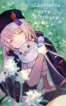 1girl ^_^ black_hat black_jacket black_skirt blurry blurry_background blush bow brown_hair character_name charlotta_skopovskaya closed_eyes closed_mouth commentary_request cowboy_shot crossed_arms dappled_sunlight dated day depth_of_field dutch_angle facing_viewer flower happy happy_birthday happy_tears hat heaven_burns_red highres holding holding_stuffed_toy jacket long_hair long_sleeves lying miniskirt muratoamado on_side open_clothes open_jacket outdoors pink_bow pink_sweater pleated_skirt ribbed_sweater sidelocks skirt smile solo spiked_hair stitches stuffed_animal stuffed_cat stuffed_toy sunlight sweater tears very_long_hair white_flower