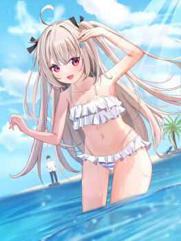 1boy 1girl :d absurdres ahoge atri atri-my_dear_moments- bare_arms bikini black_hair black_ribbon blue_sky blurry blush breasts brown_hair cloud collarbone commentary cowboy_shot day depth_of_field dutch_angle floating_hair frilled_bikini frills gluteal_fold hair_intakes hair_ornament hair_ribbon hands_up happy highres ikaruga_natsuki long_hair looking_at_viewer navel ocean official_alternate_costume open_mouth outdoors red_eyes ribbon ruffle_bikini shading_eyes shell shell_hair_ornament short_hair sky small_breasts smile solo_focus stomach sunlight swimsuit thighs two_side_up user_kwut4882 very_long_hair wading wet white_bikini