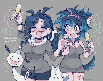 2025 2girls animal_ears artist_name bandaid bandaid_on_face bandaid_on_nose bead_bracelet beads belly black_choker black_nails black_shorts blue_nails bracelet breasts cat champagne_flute chinese_zodiac choker cleavage commentary confetti covered_navel cup dog dog_ears dog_girl dog_tail dress drinking_glass ear_piercing earrings english_commentary fang fingernails glasses grey_dress hairband happy_new_year holding holding_cup indie_virtual_youtuber jewelry lady_beemer lady_beemer_(vtuber) large_breasts long_fingernails long_hair multiple_girls necklace new_year open_mouth original piercing pink_hairband plump scar scar_on_leg short_dress short_shorts shorts smile snake spiked_bracelet spiked_hairband spikes sweatdrop tail taut_clothes taut_dress year_of_the_snake