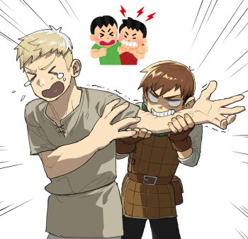 &gt;_&lt; 2boys armor biting biting_arm blonde_hair brown_gloves brown_hair chilchuck_tims child closed_eyes dungeon_meshi fingerless_gloves flying_sweatdrops gloves hashtag-only_commentary heart heart_in_mouth highres irasutoya irasutoya_challenge jeongchebulmyeongingan laios_touden leather_armor male_focus multiple_boys neck_warmer open_mouth pants reference_inset shaded_face shirt short_sleeves simple_background tears trembling white_background