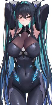1girl absurdres aqua_hair armpits arms_behind_head black_bodysuit black_gloves black_hair bodysuit breasts cleavage closed_mouth colored_inner_hair commentary cone_hair_bun covered_navel cowboy_shot double_bun elbow_gloves gloves goddess_of_victory:_nikke hair_between_eyes hair_bun hair_intakes highres large_breasts little_mermaid_(nikke) long_hair looking_at_viewer multicolored_hair revision see-through_cleavage see-through_clothes simple_background skin_tight sleeveless sleeveless_bodysuit solo thigh_gap two-tone_hair unmoving_pattern very_long_hair white_background yellow_eyes ziroqon