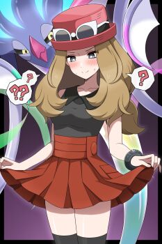 1girl ? absurdres beak black_sclera black_thighhighs blonde_hair blush breasts closed_mouth clothes_lift collarbone colored_sclera eyewear_on_headwear gen_6_pokemon grey_eyes hat highres long_hair malamar mega_malamar mega_pokemon mind_control nintendo pokemon pokemon_(creature) pokemon_xy red_hat red_skirt serena_(pokemon) shabana_may shirt skirt skirt_lift sleeveless sleeveless_shirt speech_bubble squid sunglasses sweat tentacles thighhighs white-framed_eyewear yellow_eyes zettai_ryouiki