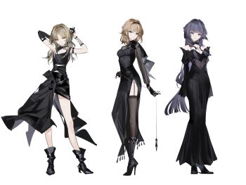 3girls alice_margatroid alternate_costume black_dress black_gloves black_shoes black_thighhighs blonde_hair boots breasts cleavage commentary dress full_body garter_straps gloves high_heel_boots high_heels highres kirisame_marisa looking_at_viewer multiple_girls patchouli_knowledge purple_hair reeh_(yukuri130) shoes side_slit simple_background thighhighs touhou white_background