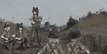 Rule 34 | 6+girls, aircraft, airplane, battle of dien bien phu, black hair, blonde hair, boots, brown boots, combat helmet, commentary, english commentary, first indochina war, french army, green hat, gun, hat, helmet, highres, holding, holding gun, holding weapon, long hair, m1 carbine, m1 helmet, mat-49, military, military combat uniform, military uniform, multiple girls, nguyen tam lee, original, parachute, paratrooper, pointing, rifle, short hair, sleeves rolled up, submachine gun, trigger discipline, twitter username, vietnam, weapon